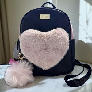 Betsey Johnson black,pink fur Heart Backpack pink fur  ball key chain & bow